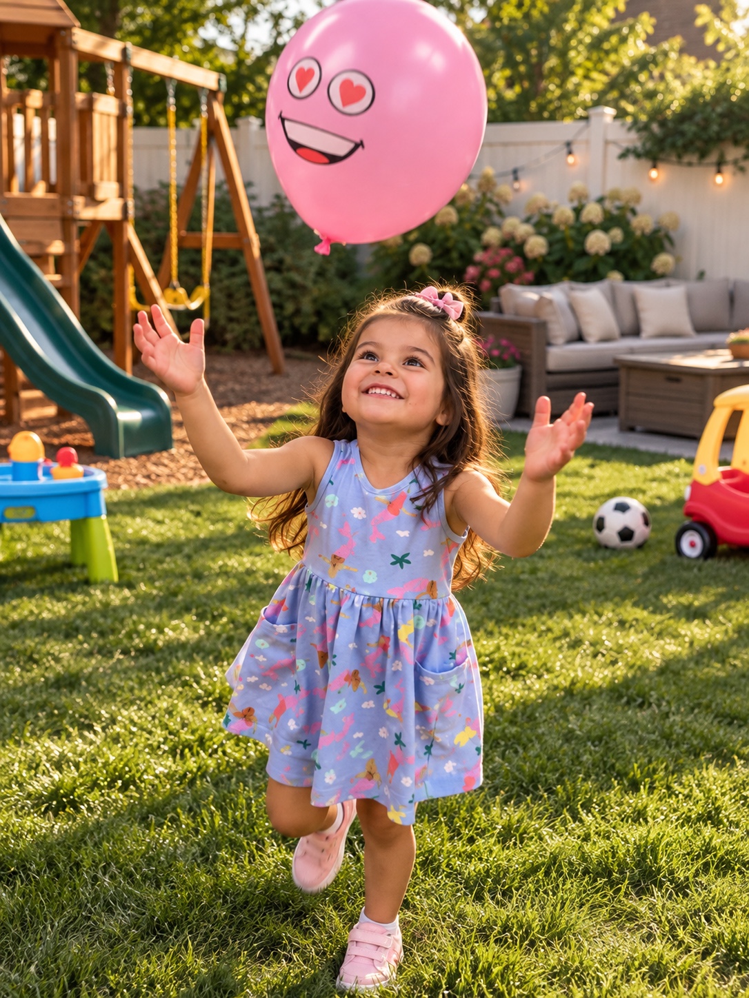 A little girl playing with a pink balloon in the backyard