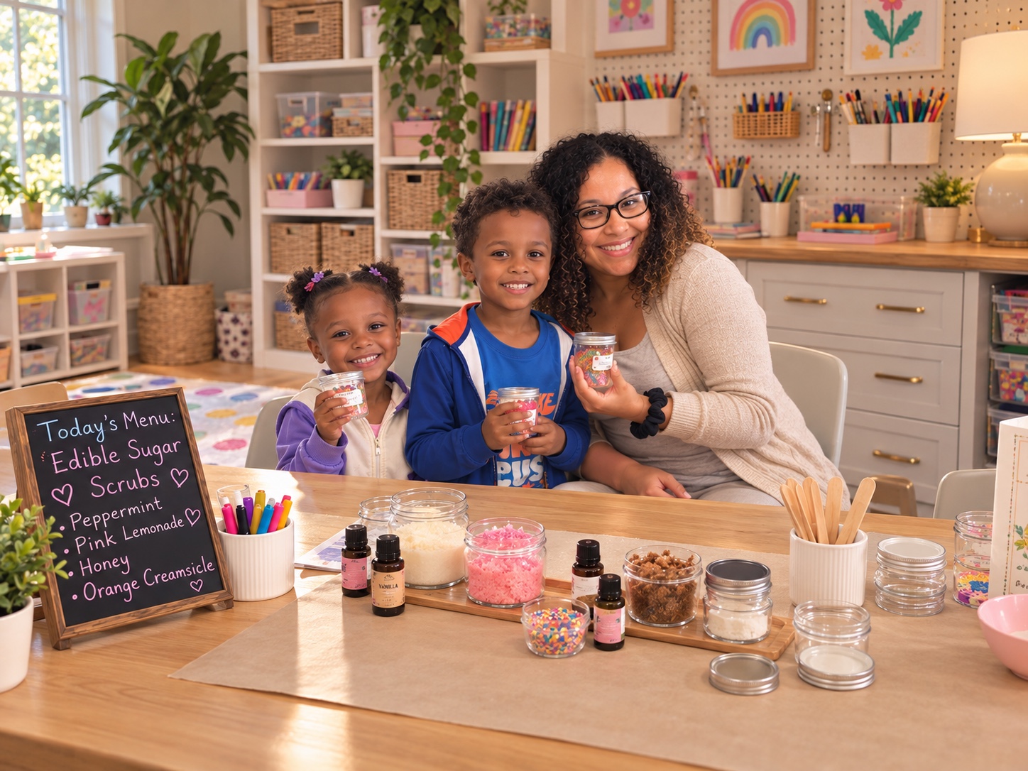 A caregiver and children making edible sugar scrubs together